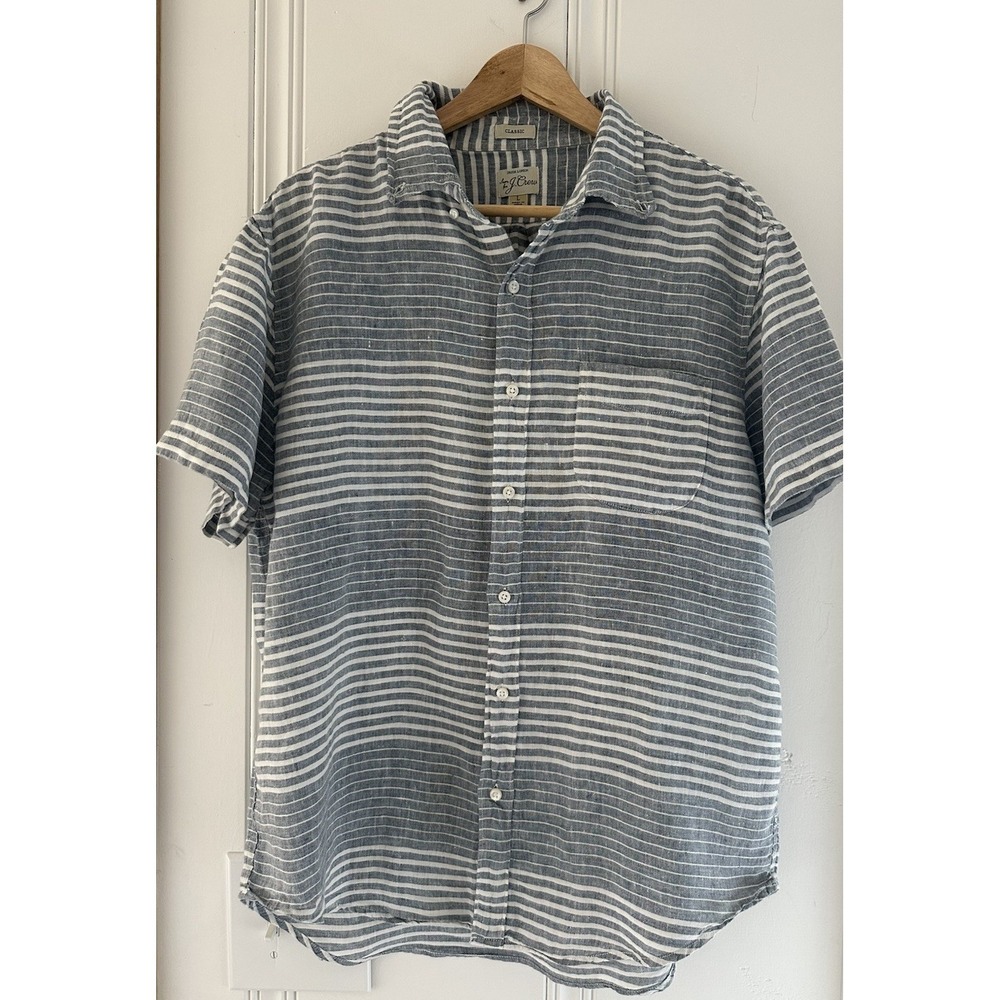J.Crew Men Irish Linen Blue Striped Short Sleeve Button Down Shirt Large Classic